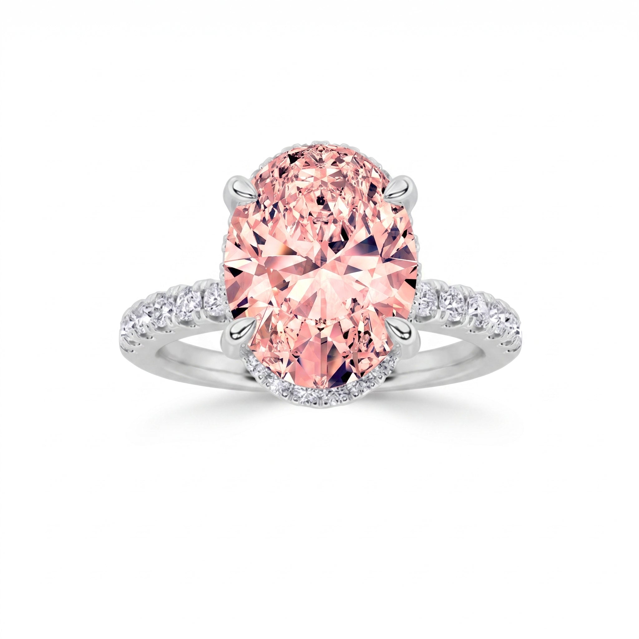 2Cttw Oval Shaped Pink Lab Grown Diamond (F/VS) Halo Accented Engagement Ring in 14K Gold