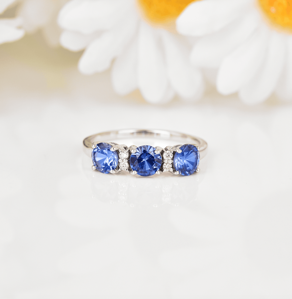 Ceylon Sapphire Three Stone Ring Fine Color Jewels 5, 6, 7, 8, 925 Sterling Silver, Blue, dla-dm-discount-all-143240, dla-dm-discount-all-154898, Moissanite, Round, sale, Sapphire, Three Stone, White