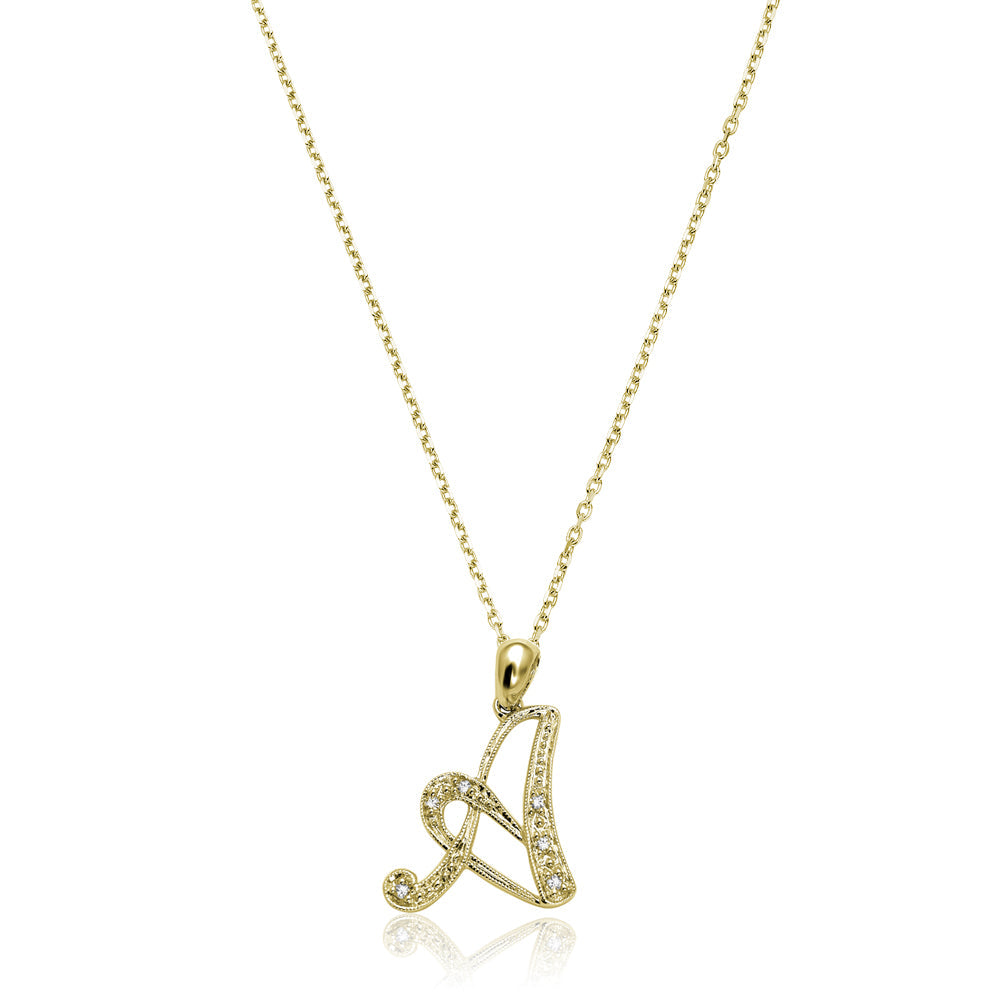 Product Image of Script Diamond Initials A Letter Necklace Yellow Gold 