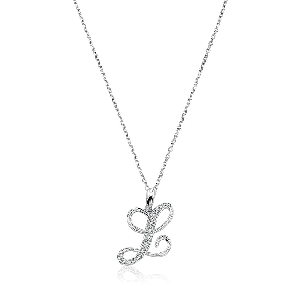 Product Image of Script Diamond Initials Necklace L Letter White Gold