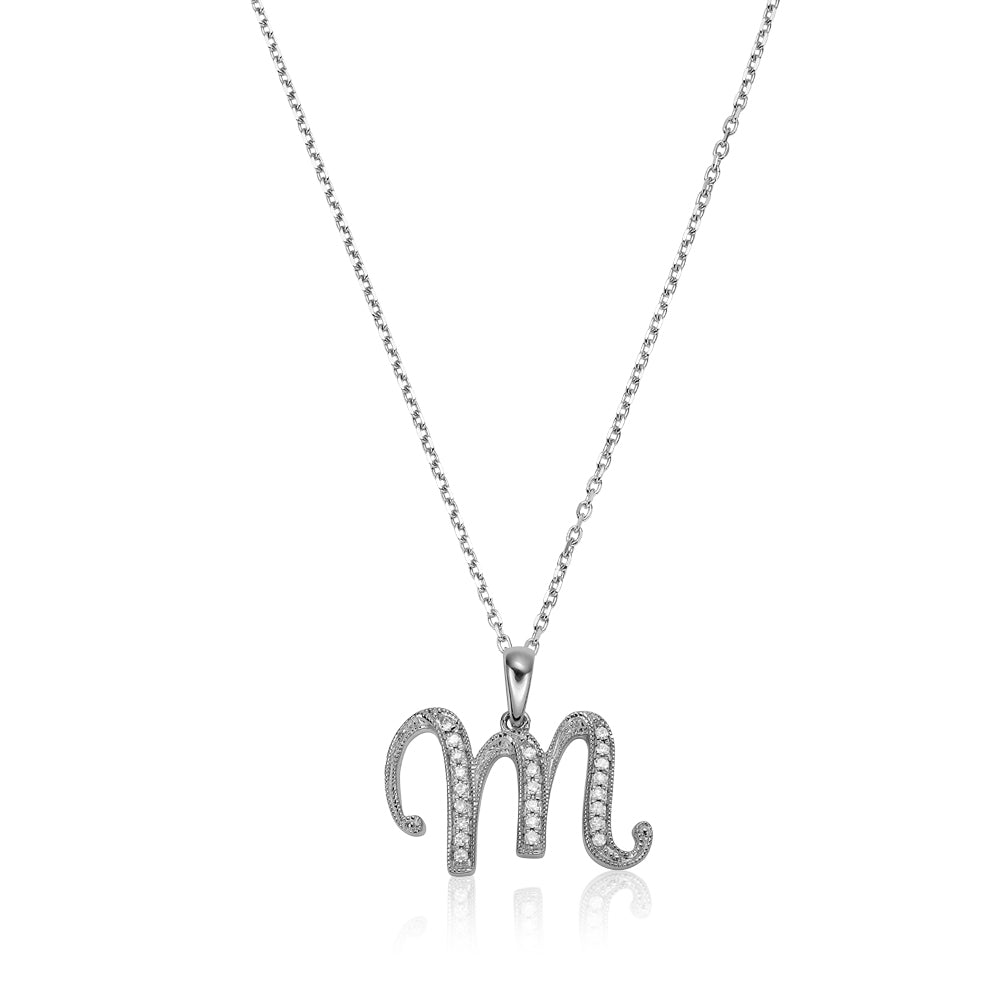 Product Image of Script Diamond Initials Necklace M Letter White Gold