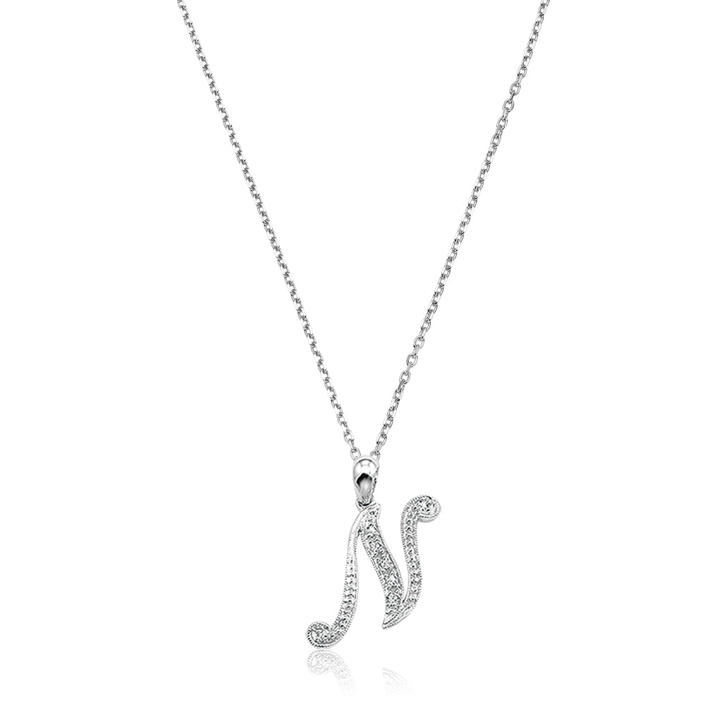 Product Image of Script Diamond Initials Necklace N Letter White Gold