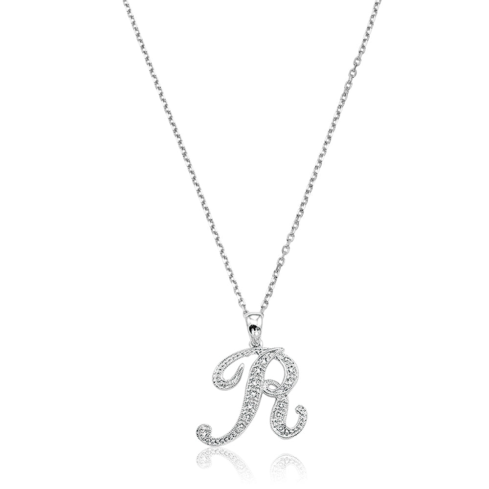 Product Image of Script Diamond Initials Necklace R Letter White Gold