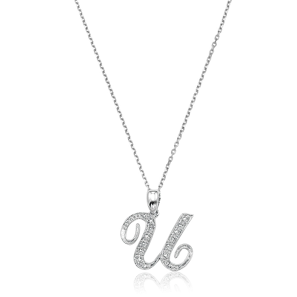 Product Image of Script Diamond Initials Necklace U Letter White Gold