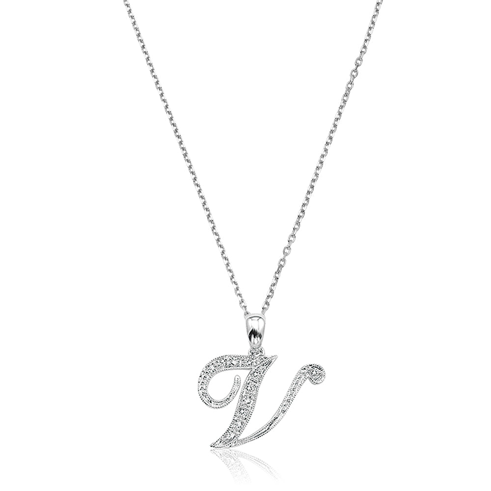 Product Image of Script Diamond Initials Necklace V Letter White Gold