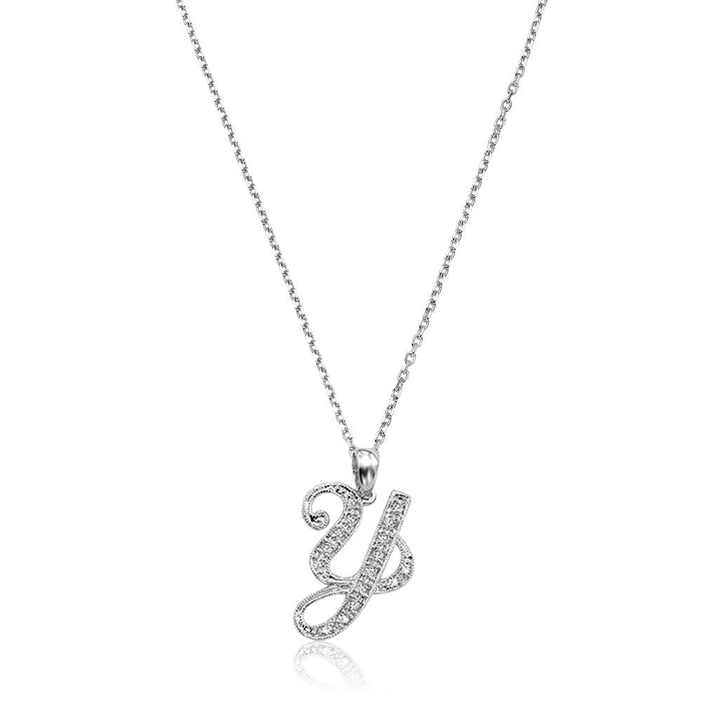 Product Image of Script Diamond Initials Necklace Y Letter White Gold