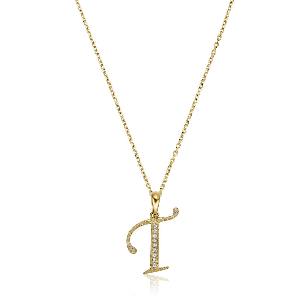 Product Image of Script Diamond Initials T Letter Necklace Yellow Gold