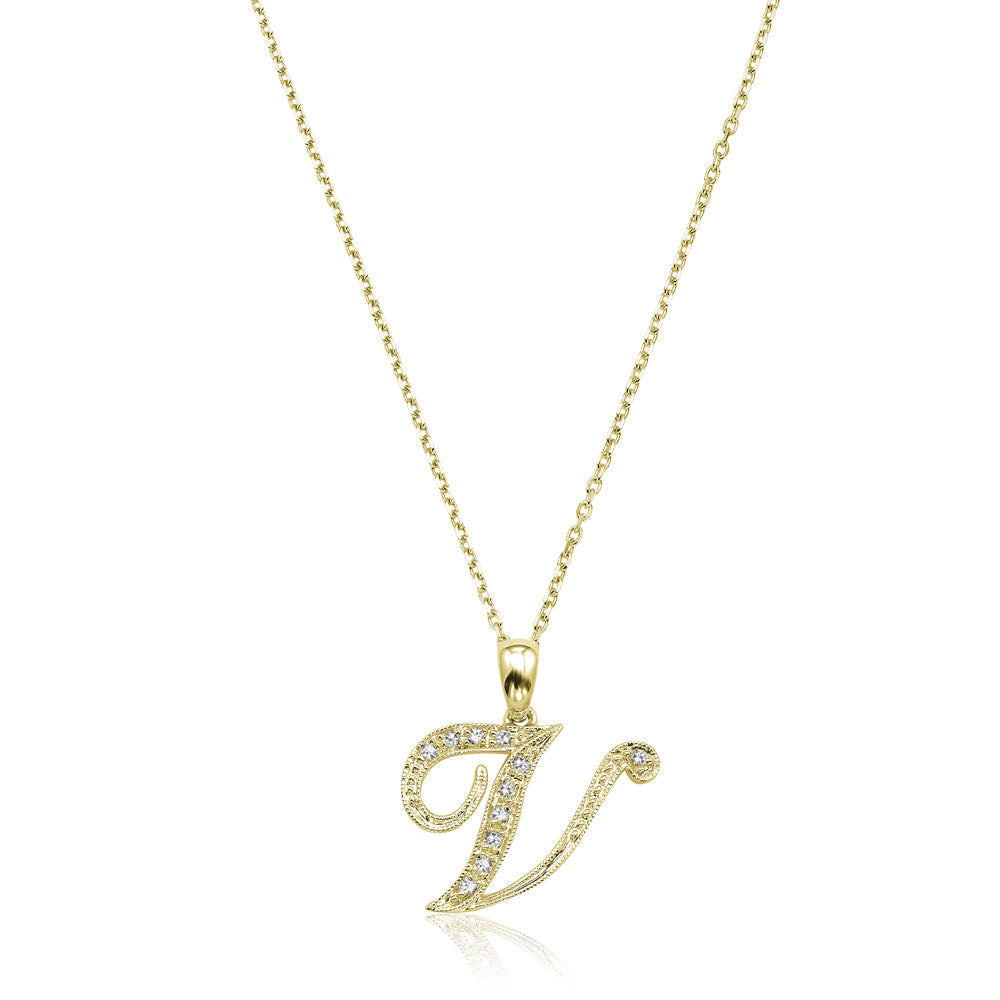 Product Image of Script Diamond Initials V Letter Necklace Yellow Gold