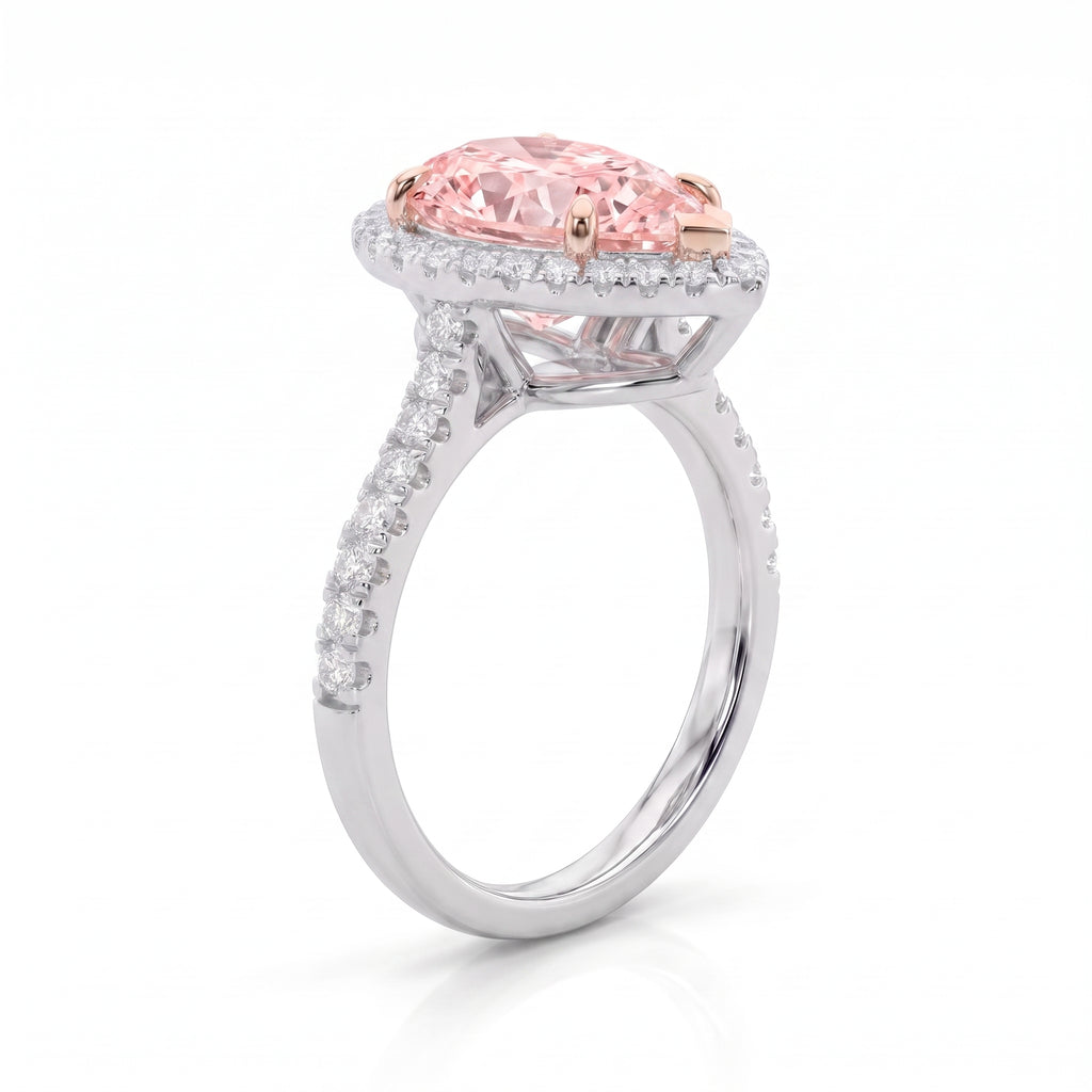 3Cttw Pear Shaped Pink Lab Grown Diamond (F/VS) Bold Accented Halo Engagement Ring in 14K Gold