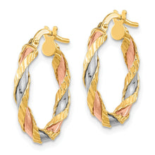 Load image into Gallery viewer, 14K Gold Twisted Tri Color Hoop Earrings