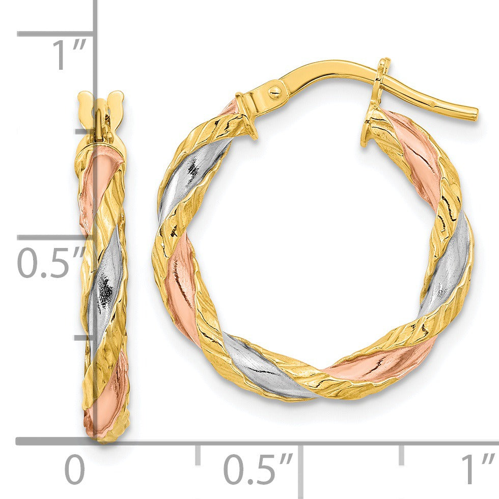 14K Gold Twisted Tri Color Hoop Earrings