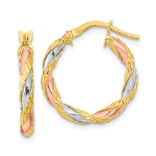 Load image into Gallery viewer, 14K Gold Twisted Tri Color Hoop Earrings