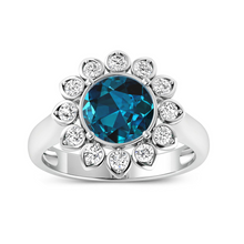 Load image into Gallery viewer, Genuine London Blue Topaz and Diamond Halo Ring