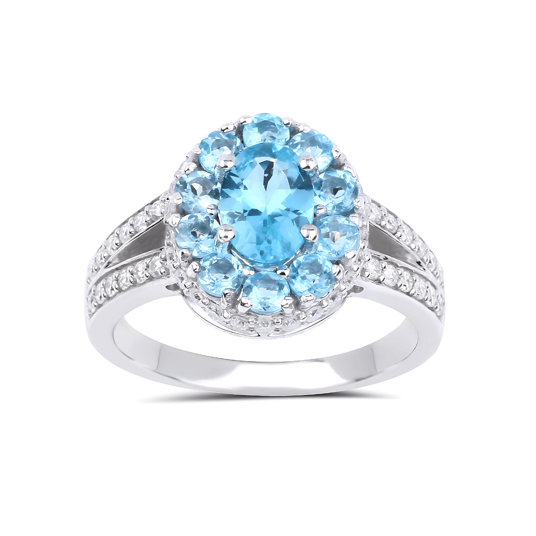Natural Paraiba Apatite Oval Cluster Halo Ring