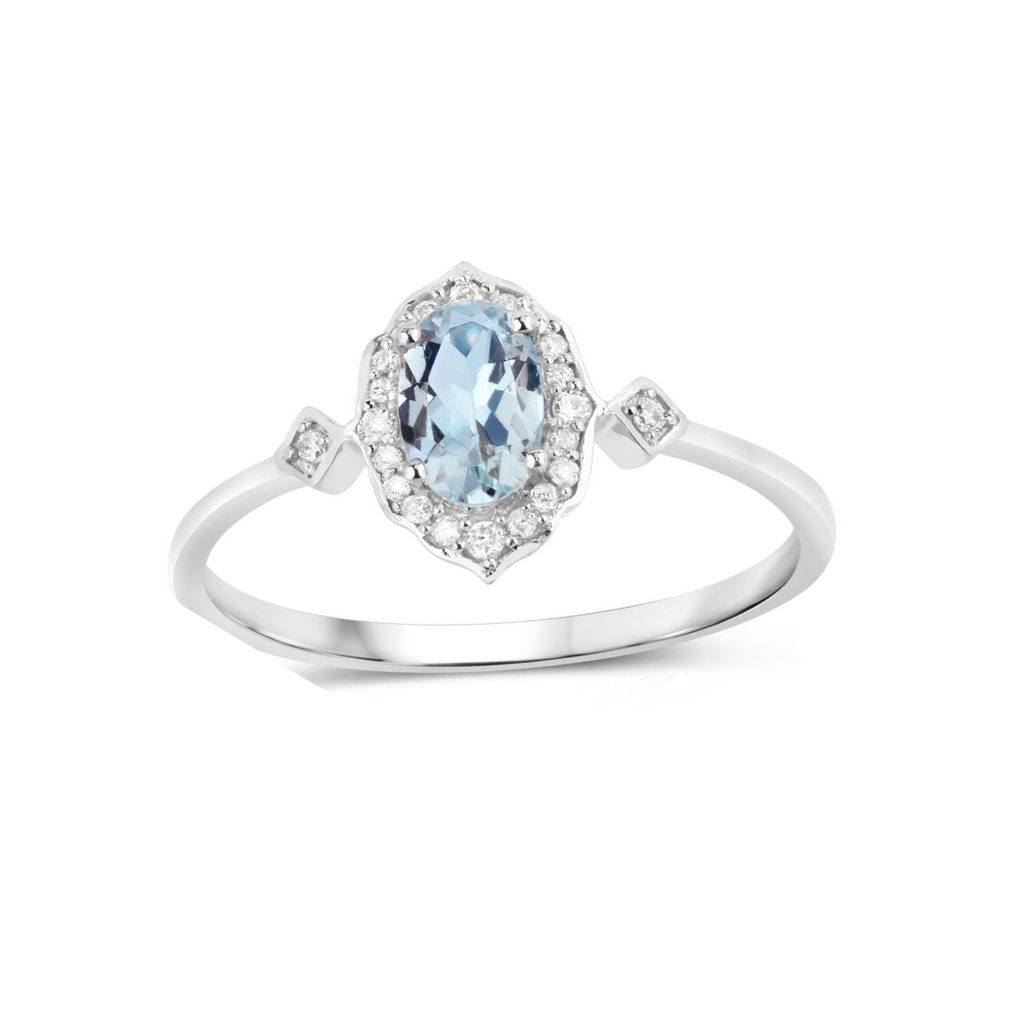 Genuine Blue Aquamarine and Diamond 14K White Gold Ring