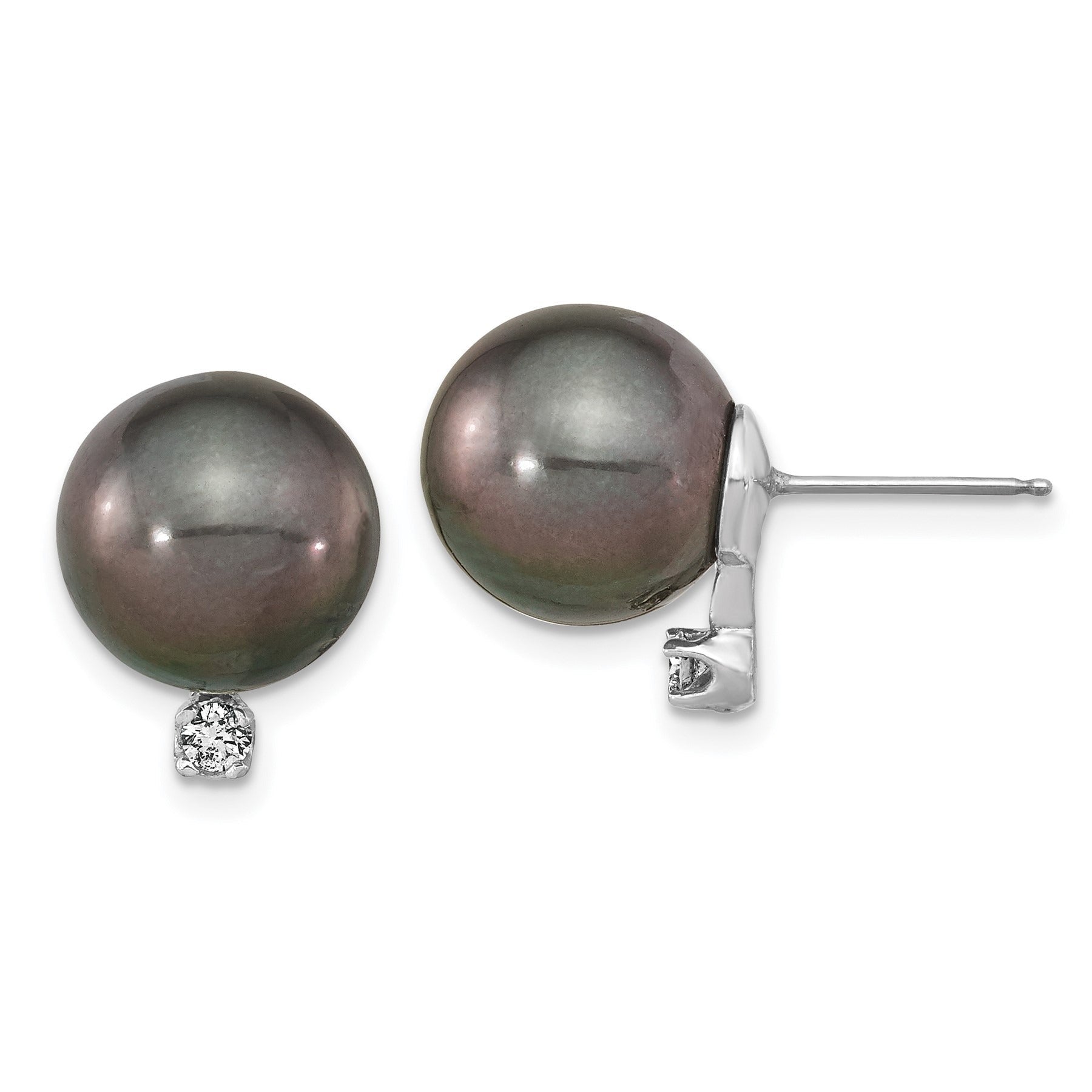 14k Gold Black Tahitian Pearl and Diamond Stud Earrings