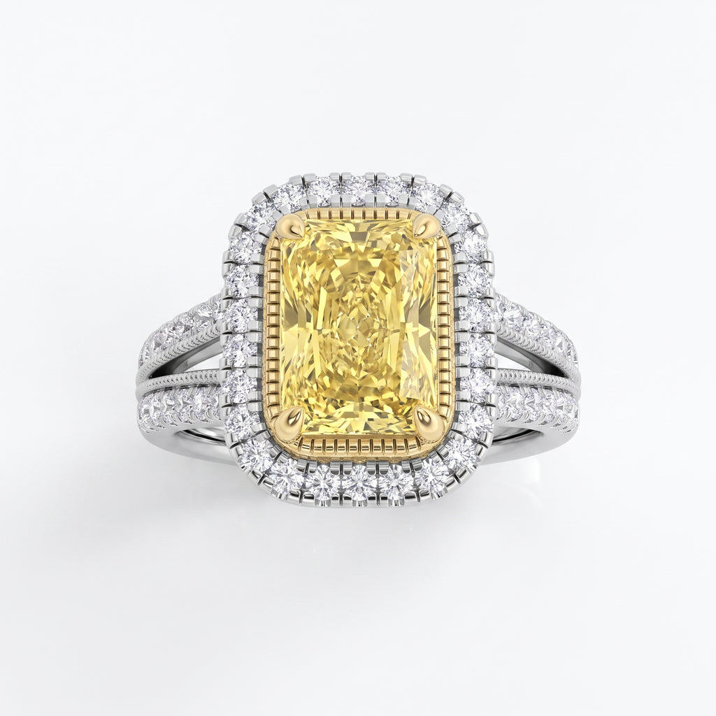 2.5Cttw Radiant Shaped Fancy Yellow Lab Grown Diamond (F/VS) Split Shank Halo Engagement Ring in 14K Gold