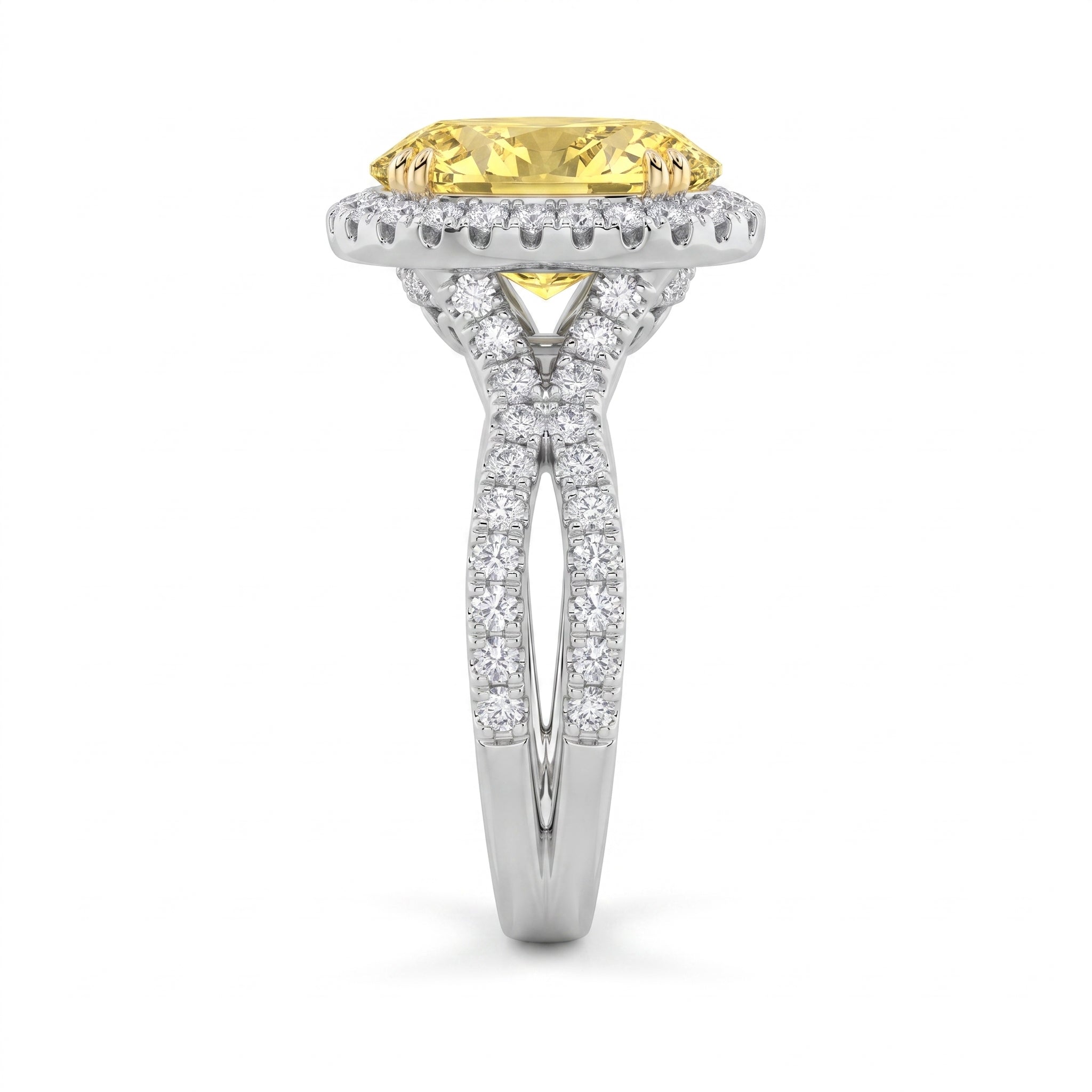 4Cttw Oval Shaped Yellow Lab Grown Diamond (F/VS) Split Shank Halo Engagement Ring in 14K Gold