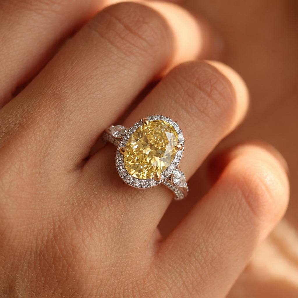 3Cttw Oval Shaped Yellow Lab Grown Diamond (F/VS) Three Stone Halo Engagement Ring in 14K Gold