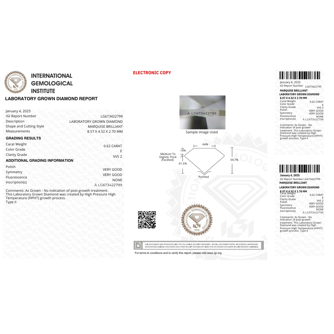 Marquise Loose Lab Grown Diamond Stone SI1 IGI Certified