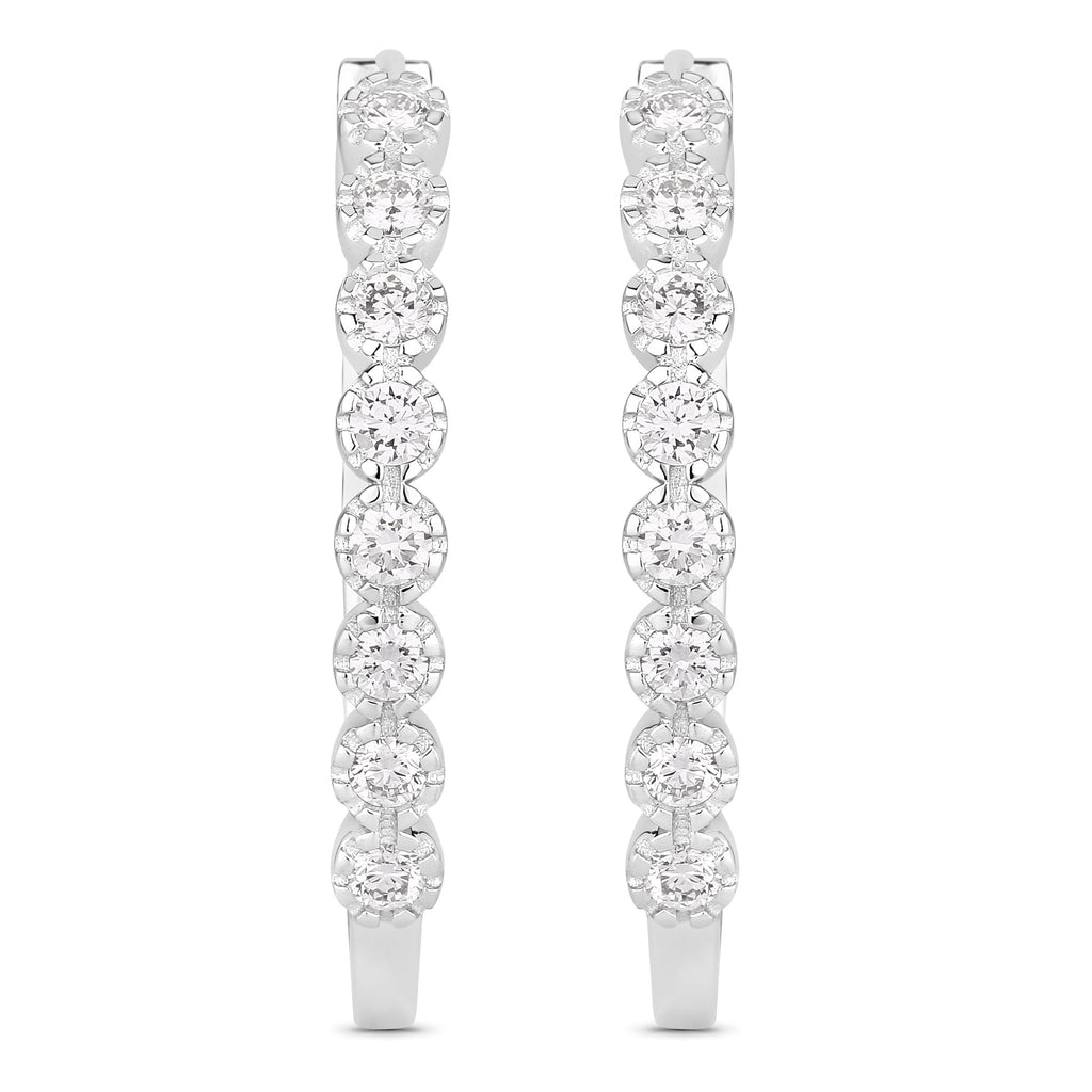 1.76 Ctw Round White Lab Created Diamond Bezel Sterling Silver Oval Hoop Earrings