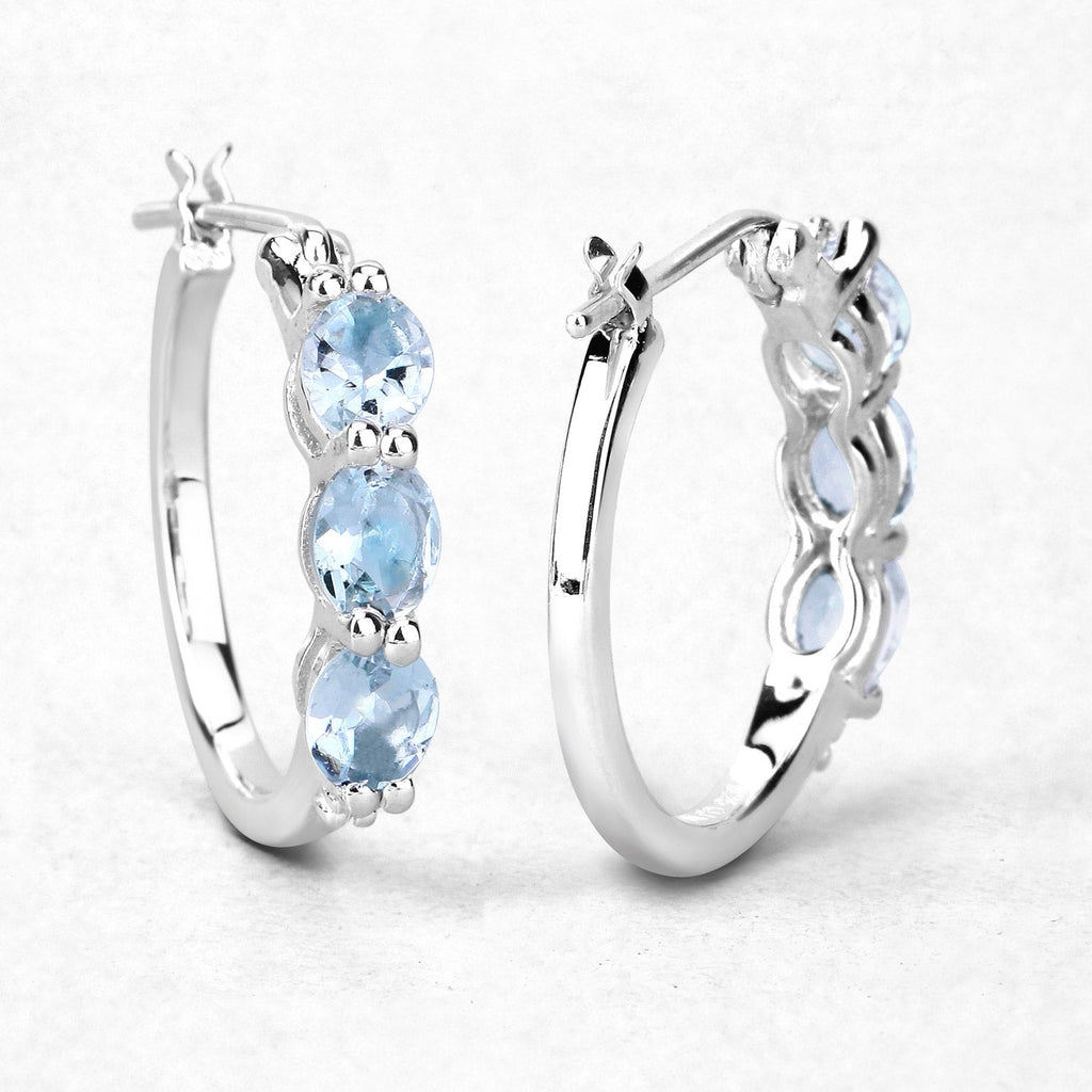 Genuine Blue Aquamarine and Diamond Hoops Earrings