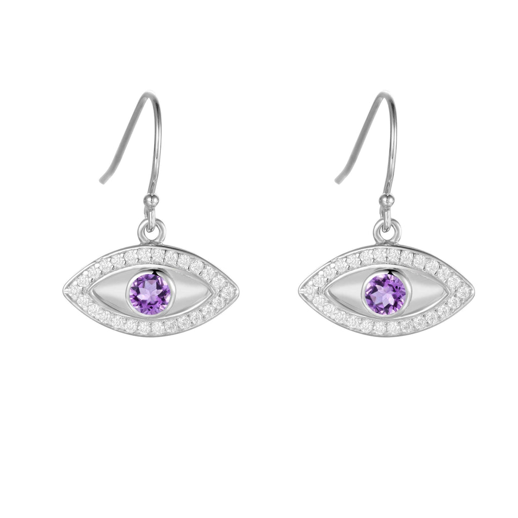 Natural Amethyst Rhodium Plated Evil Eye Earrings