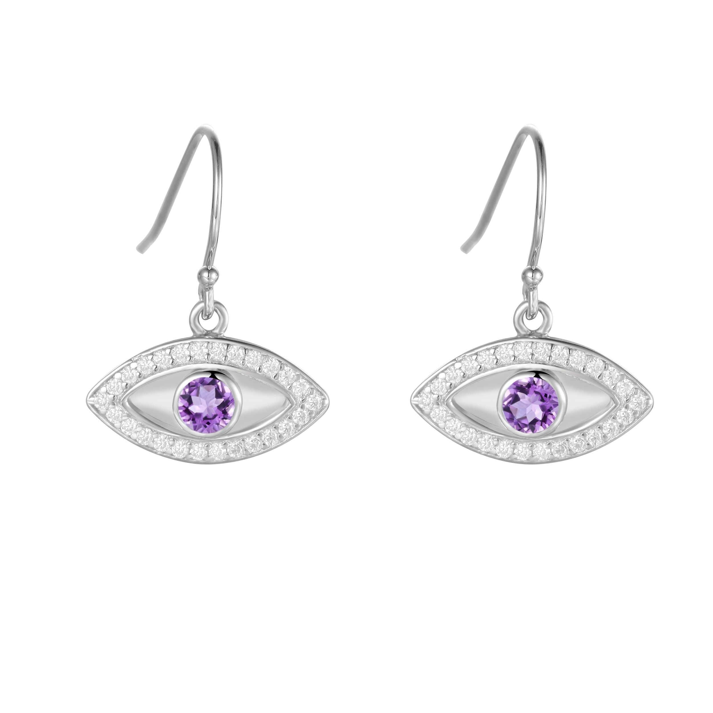 Natural Amethyst Rhodium Plated Evil Eye Earrings