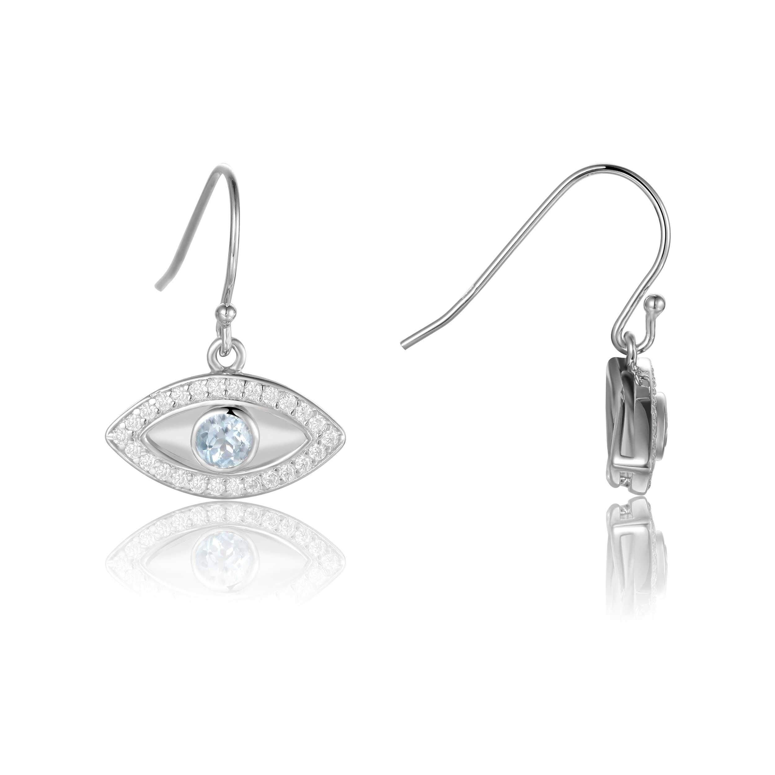 Natural Blue Topaz Rhodium Plated Evil Eye Earrrings