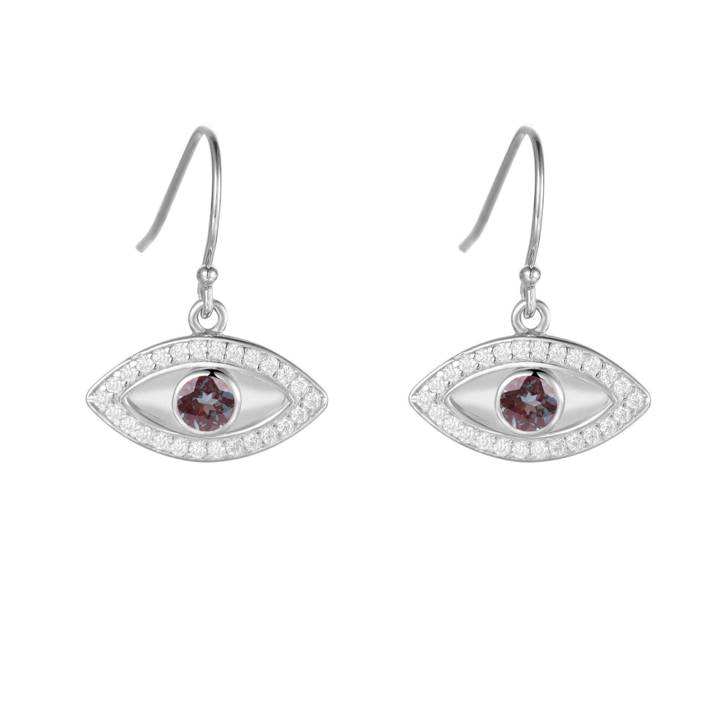 Created Alexandrite Rhodium Plated  Evil Eye EarringsCreated Alexandrite Evil Eye Protection Earrings Alexandrite Dangling Earrings Rhodium Plated Silver Earrings Evil Eye Earrrings