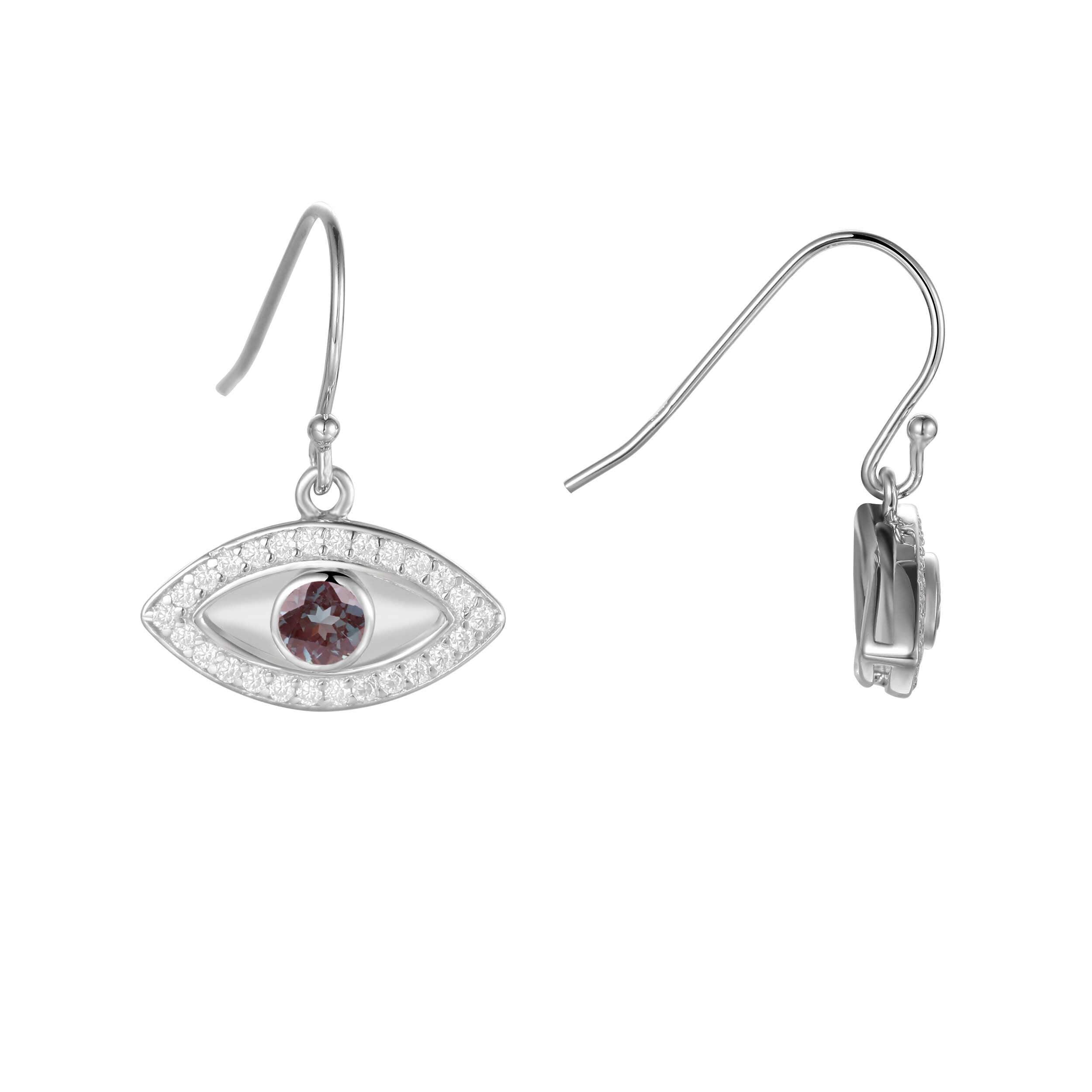 Created Alexandrite Rhodium Plated Evil Eye Earrrings