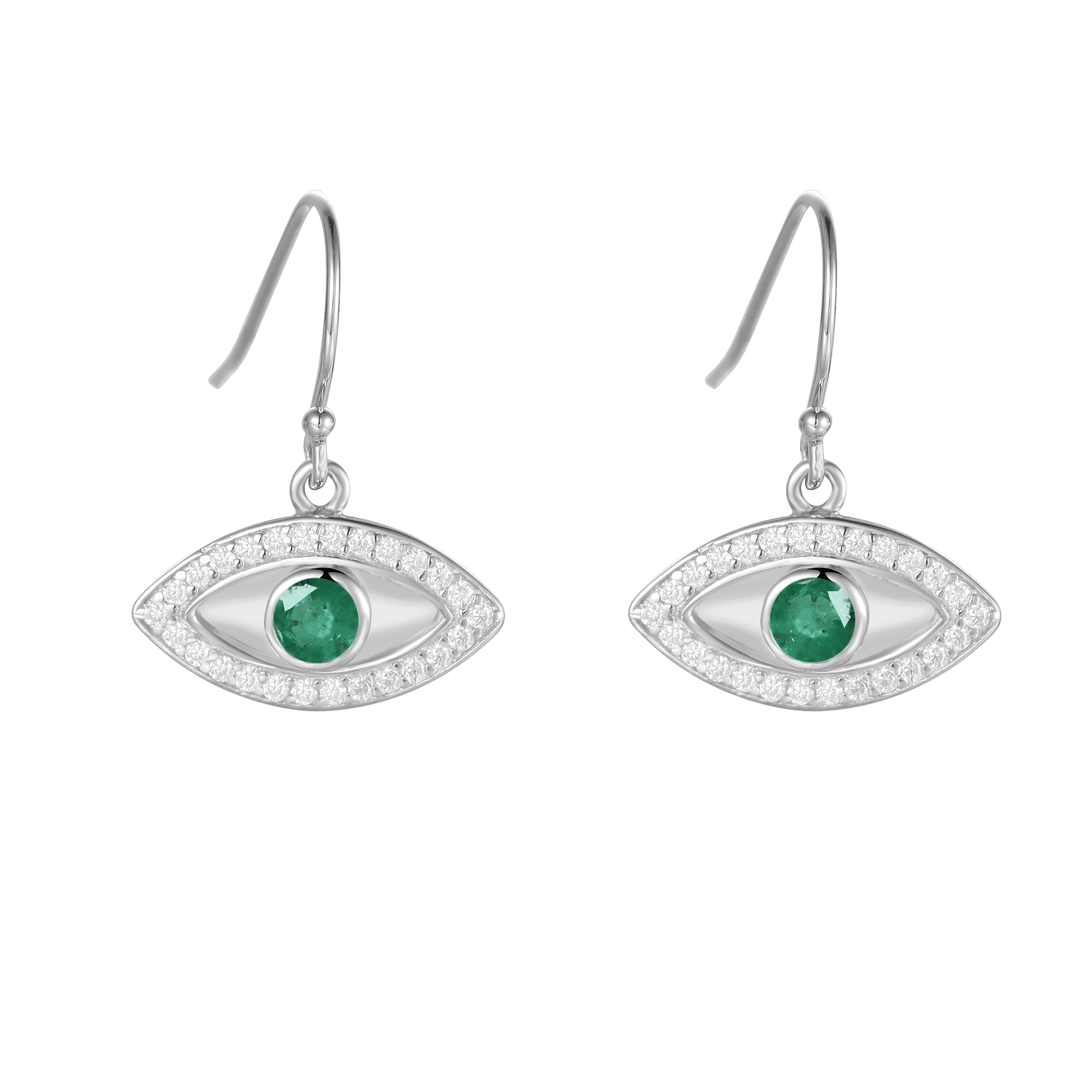 Genuine Emerald Rhodium Plated Evil Eye EarrringsGreen Emerald Dangling Earrings | May Birthstone Earrings