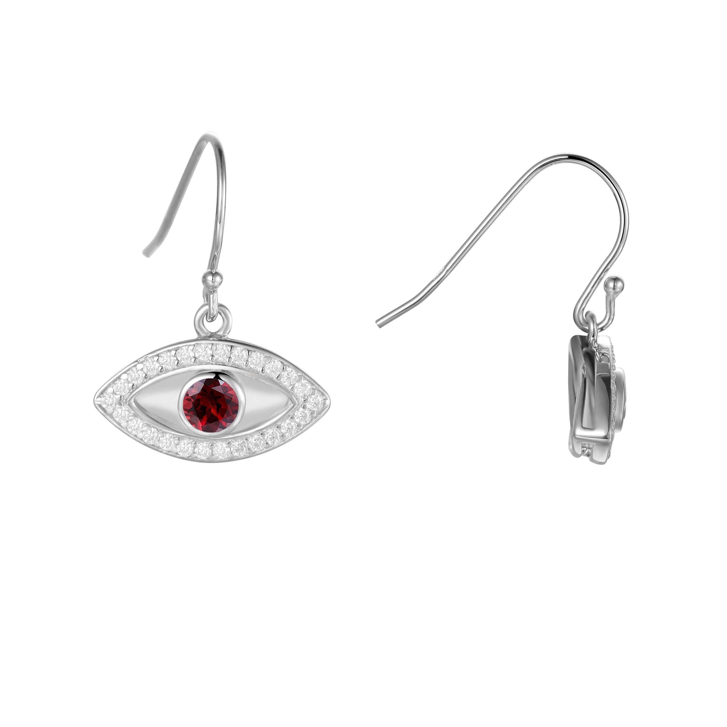Natural Garnet Rhodium Plated Evil Eye Earrrings