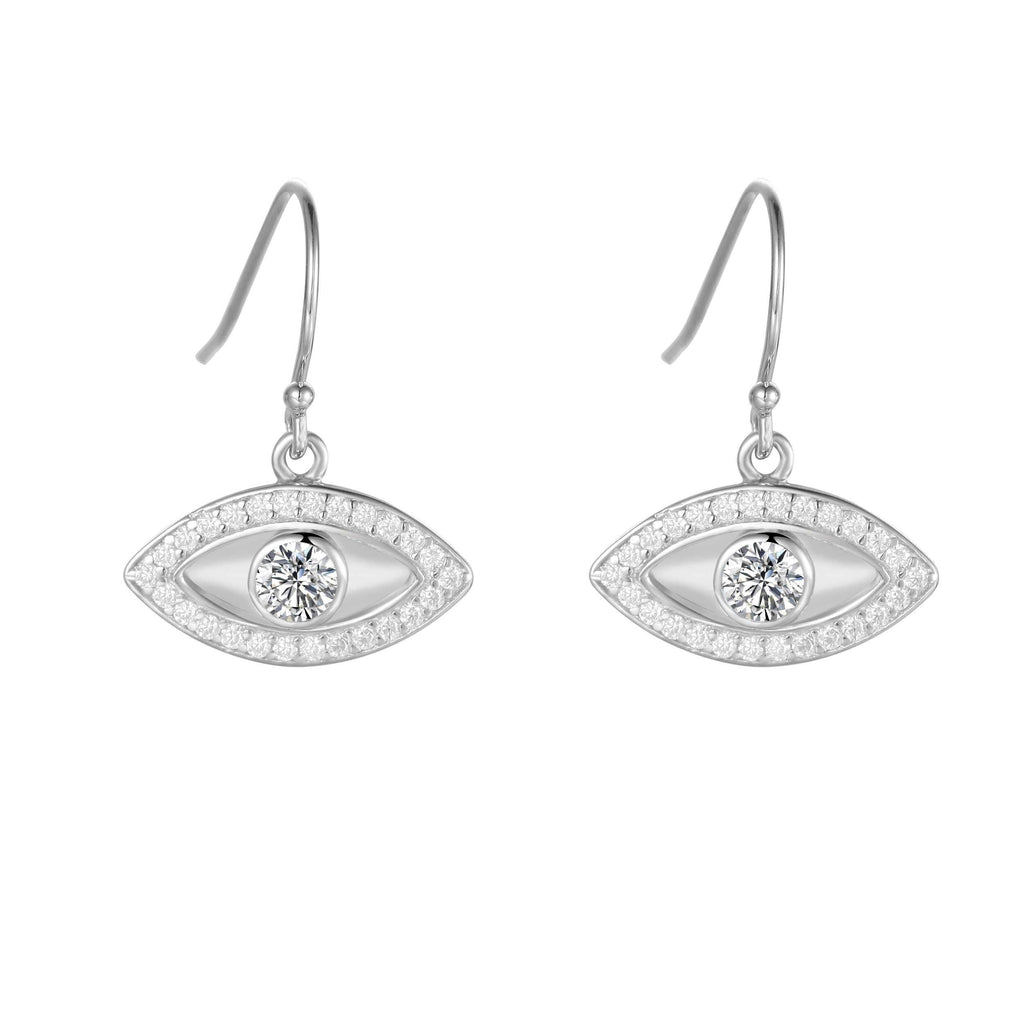 Natural White Topaz Rhodium Plated Evil Eye Earrrings
