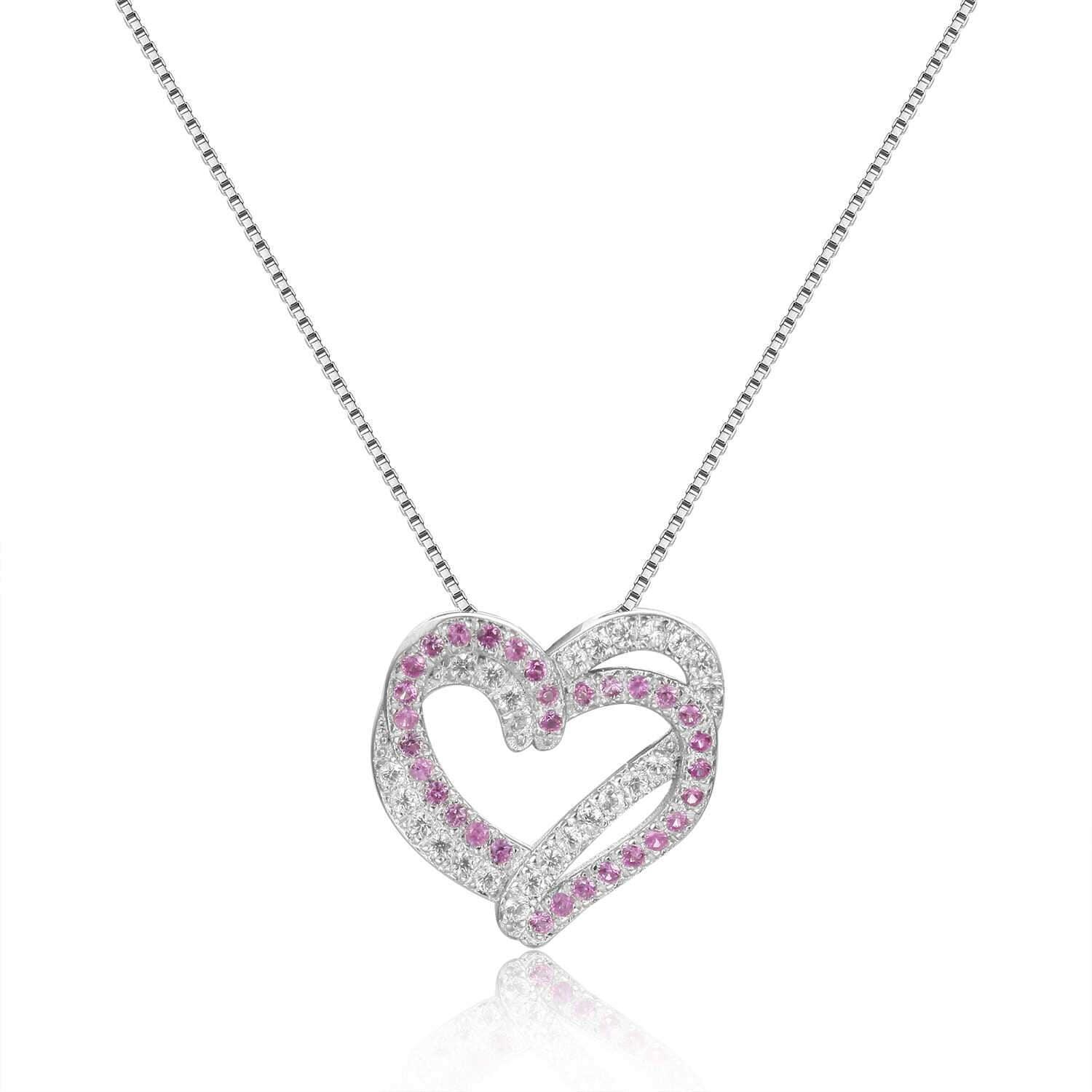 Captivating Round cut Genuine Pink Sapphire Heart Necklace Pendant with White Sapphire