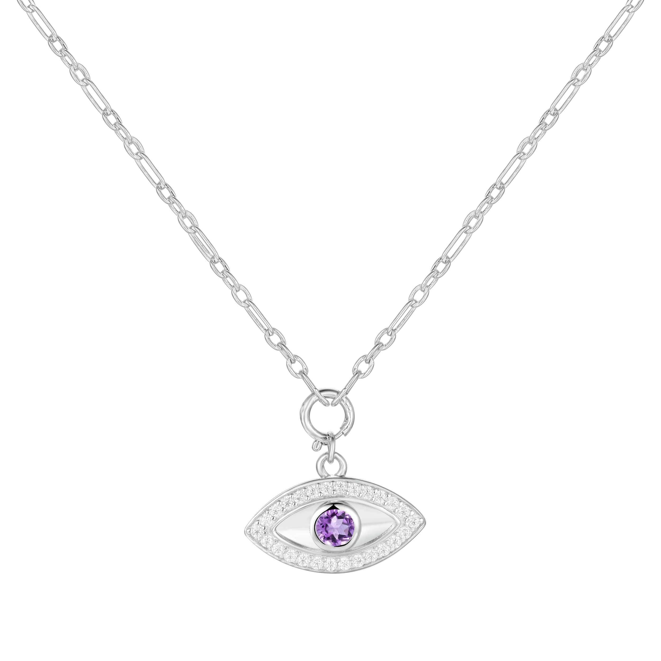 Natural Amethyst Rhodium Plated Evil Eye Necklace