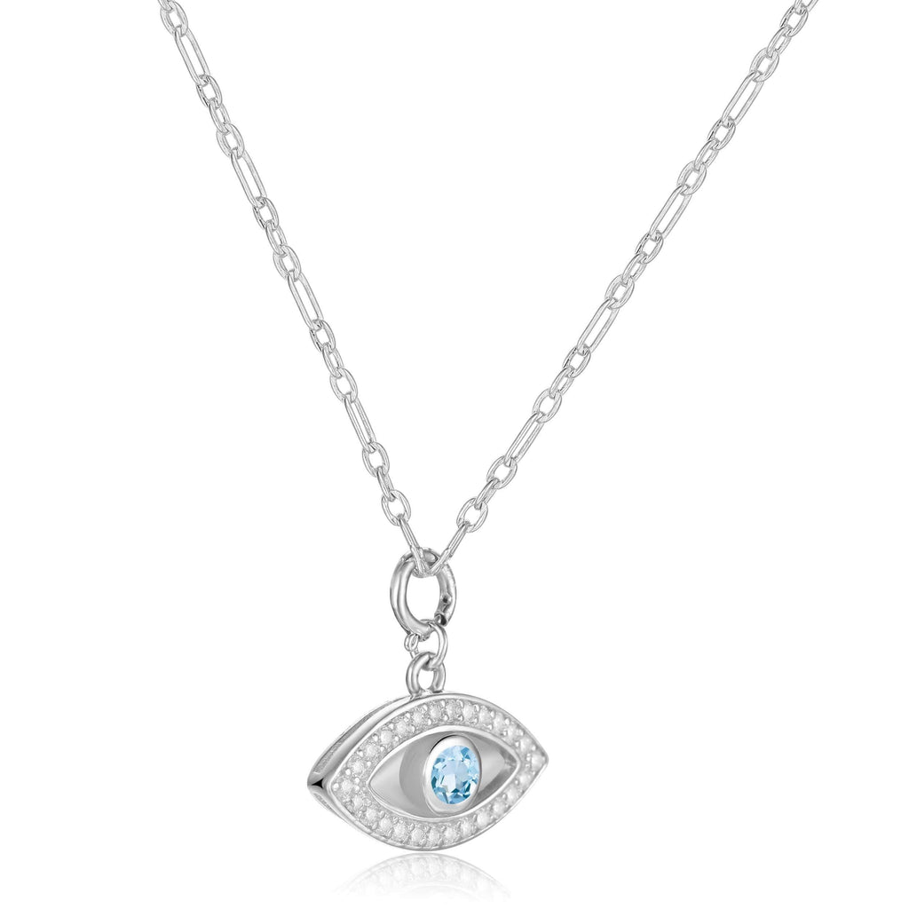 Natural Blue Topaz Rhodium Plated Evil Eye Pendant Necklace Blue Topaz Eye of Protection Necklace