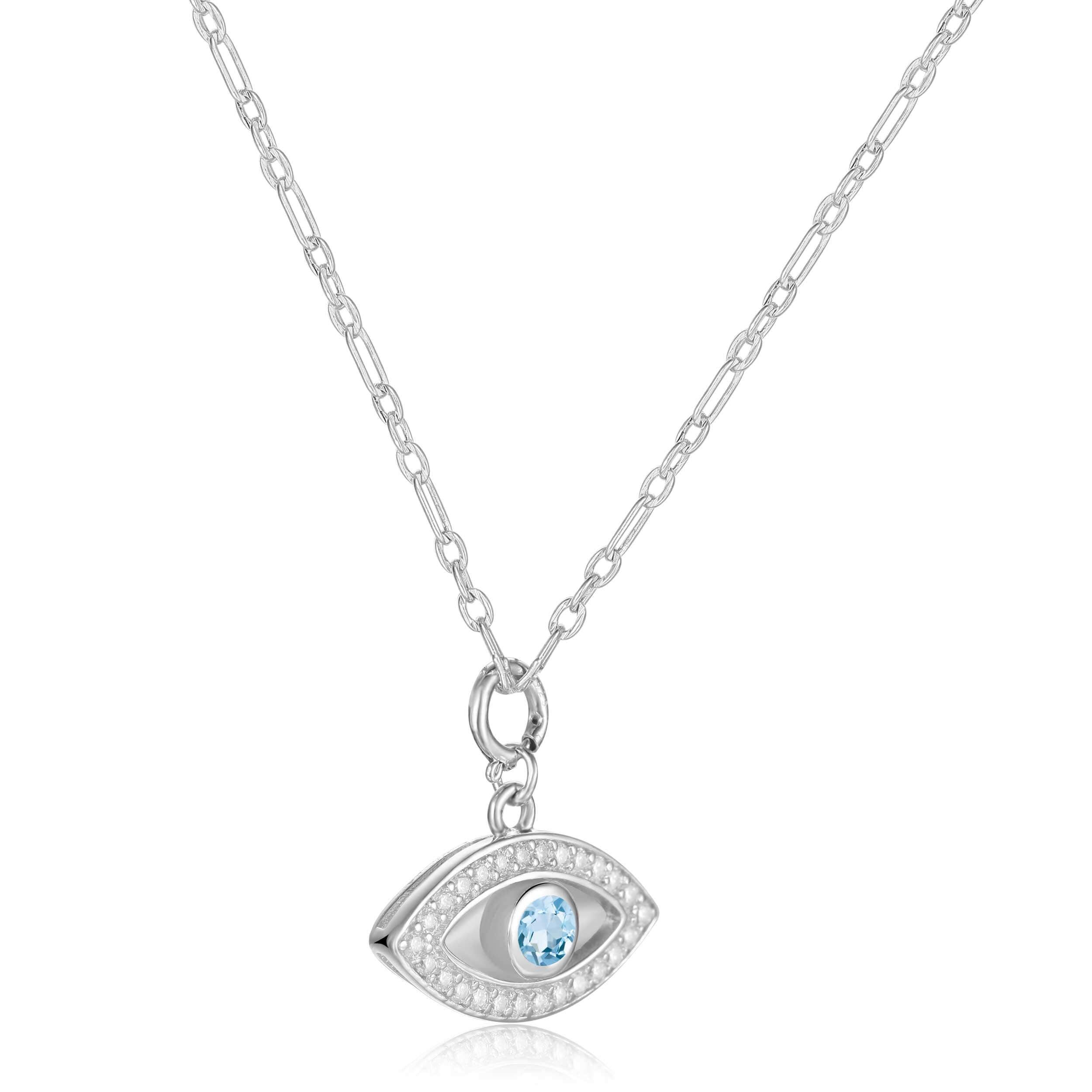 Natural Blue Topaz Rhodium Plated Evil Eye Pendant Necklace Blue Topaz Eye of Protection Necklace