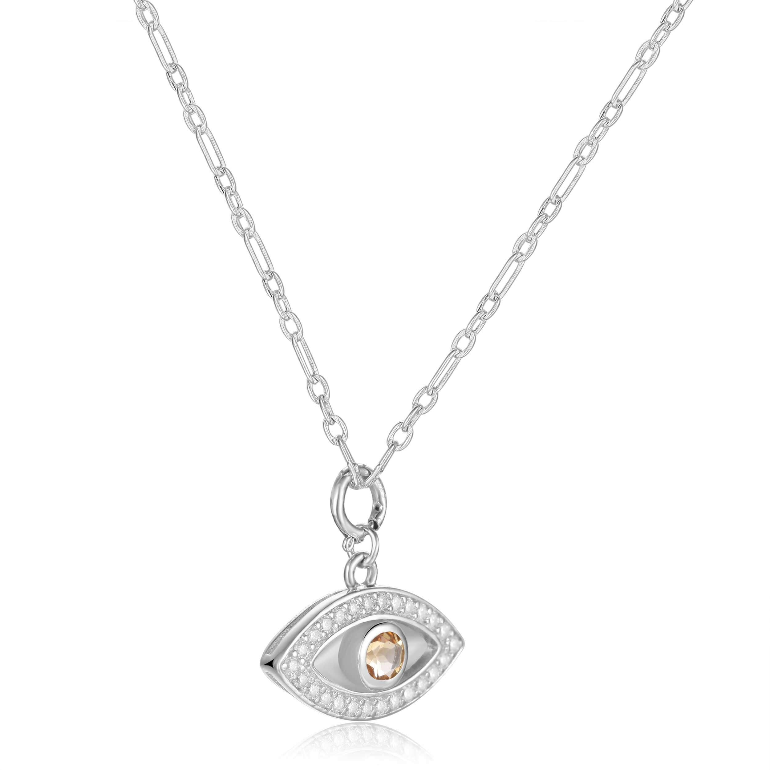 Natural Citrine Rhodium Plated Evil Eye Necklace