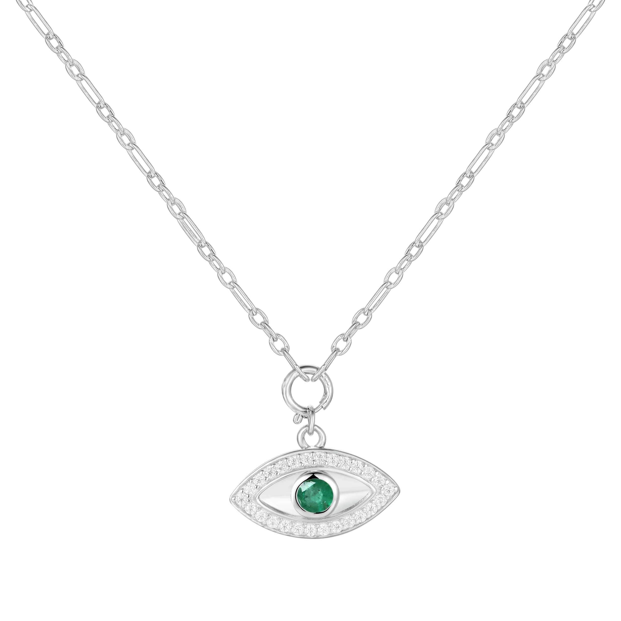Genuine Emerald Rhodium Plated Evil Eye Necklace