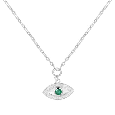 Genuine Emerald Rhodium Plated Evil Eye Necklace