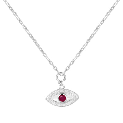 Genuine Ruby Rhodium Plated Evil Eye Necklace