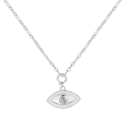 Natural White Topaz Rhodium Plated Evil Eye Necklace