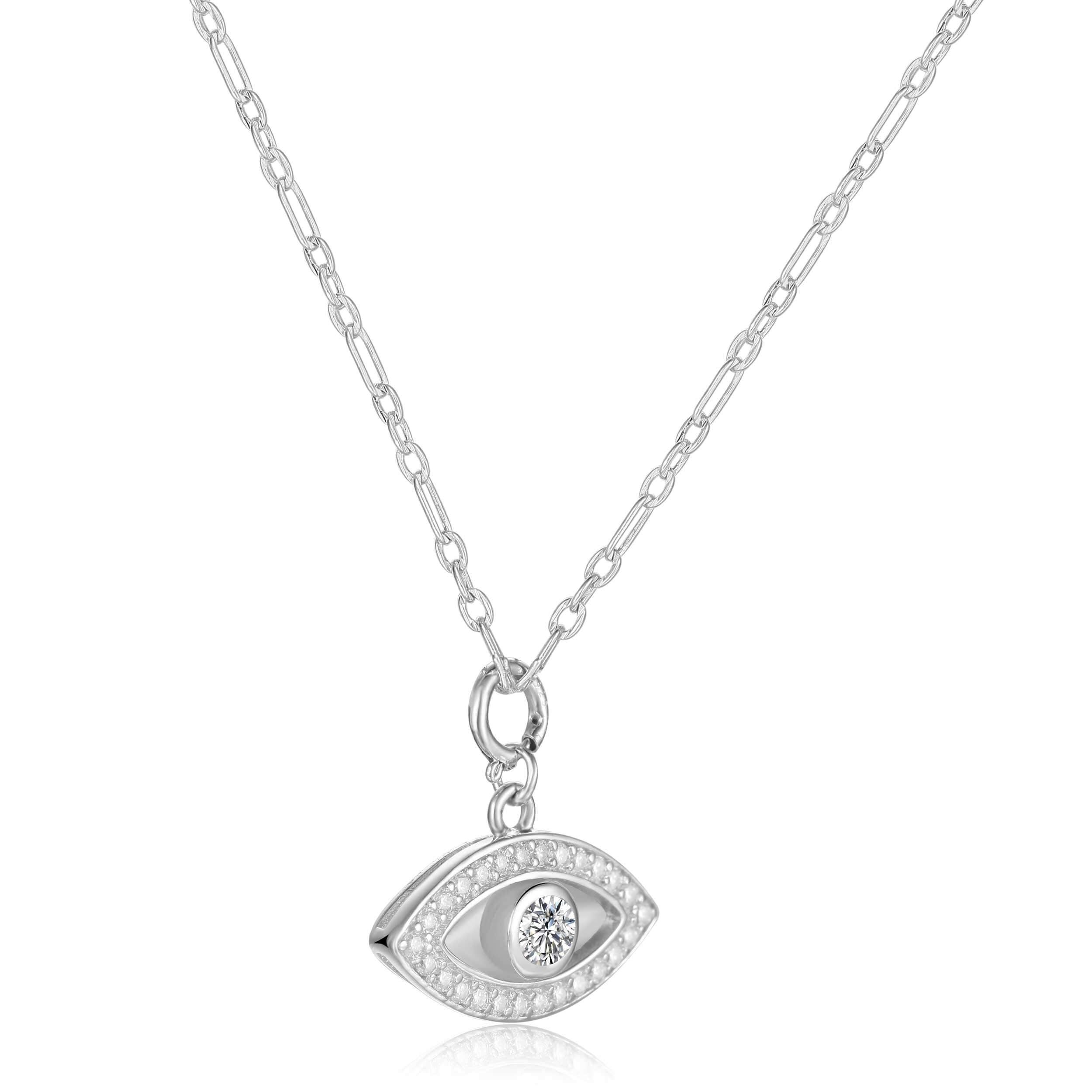 Natural White Topaz Rhodium Plated Evil Eye Necklace