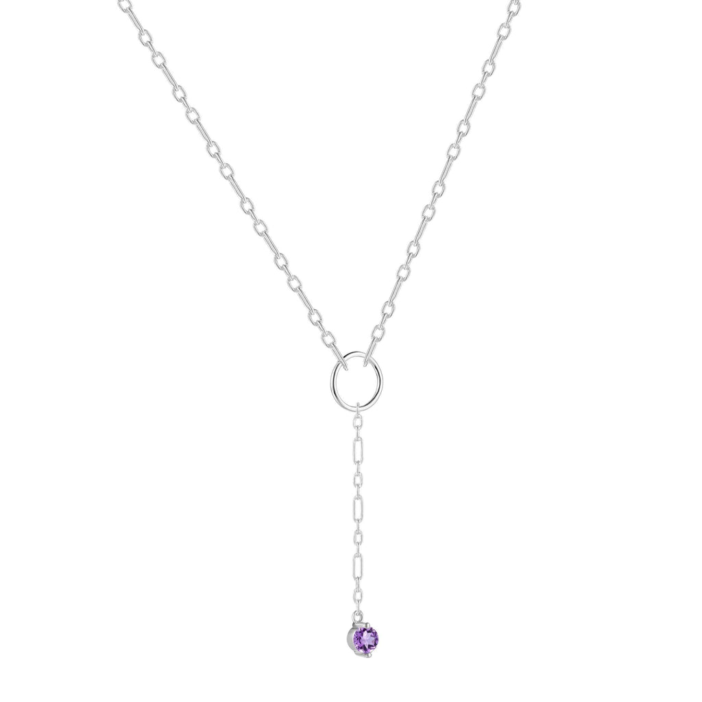 Dainty Natural Amethyst Y Pendant Necklace Dainty Purple Pendant Healing Stone Silver Necklace Best Feb Birthday Natural Amethyst Dainty Round Rhodium Necklace