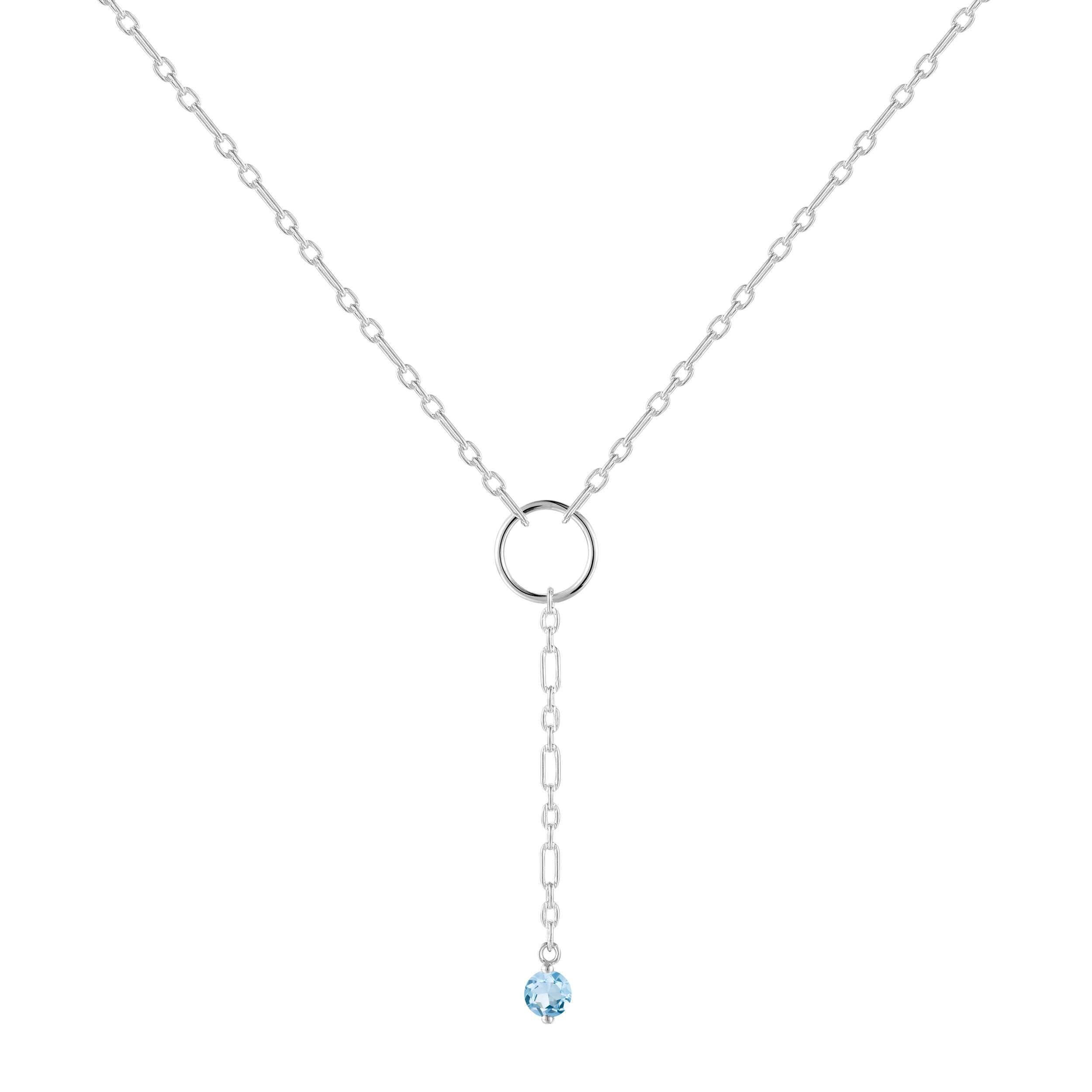 Natural Blue Topaz Dainty Round Rhodium NecklaceNatural Blue Topaz Y Pendant Necklace Dainty Chain Necklace