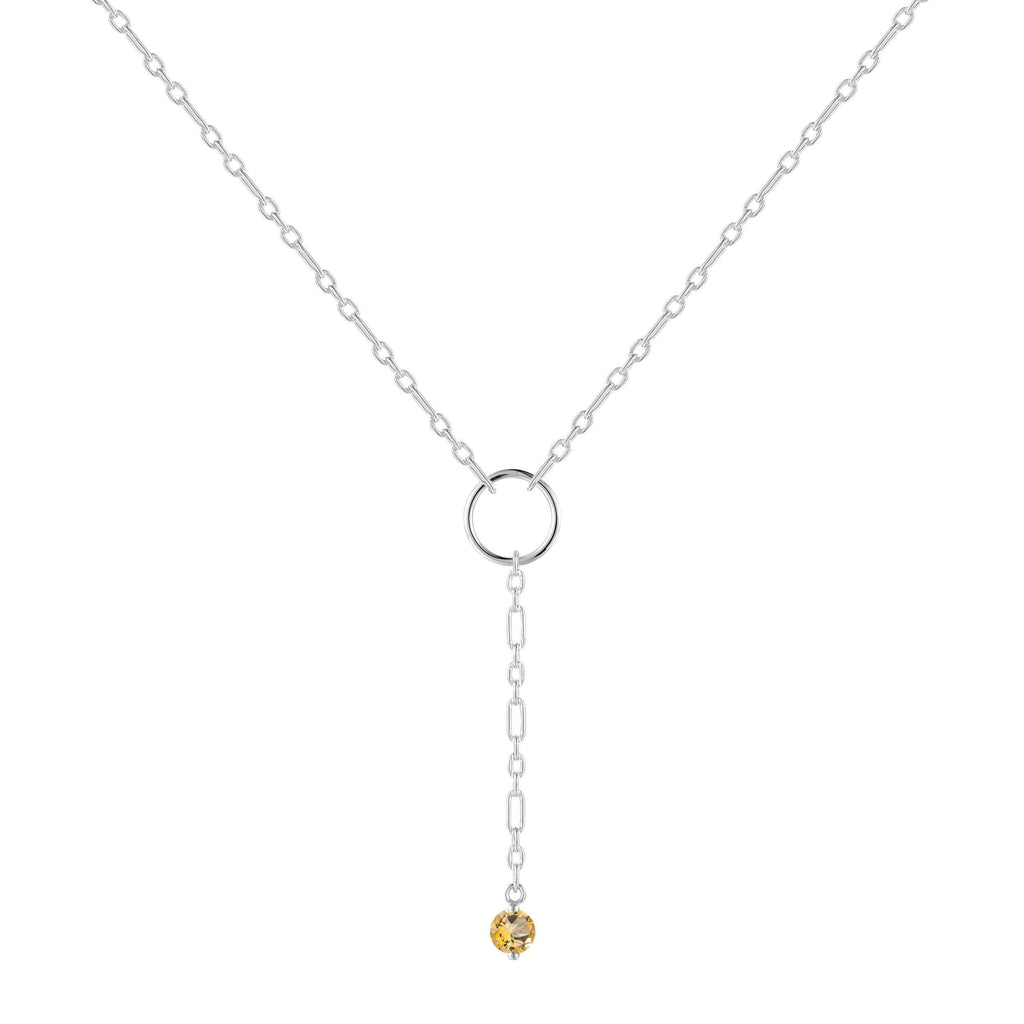 Natural Citrine Dainty Round Rhodium NecklaceNatural Citrine Y Pendant Necklace Dainty Silver Chain Necklace 