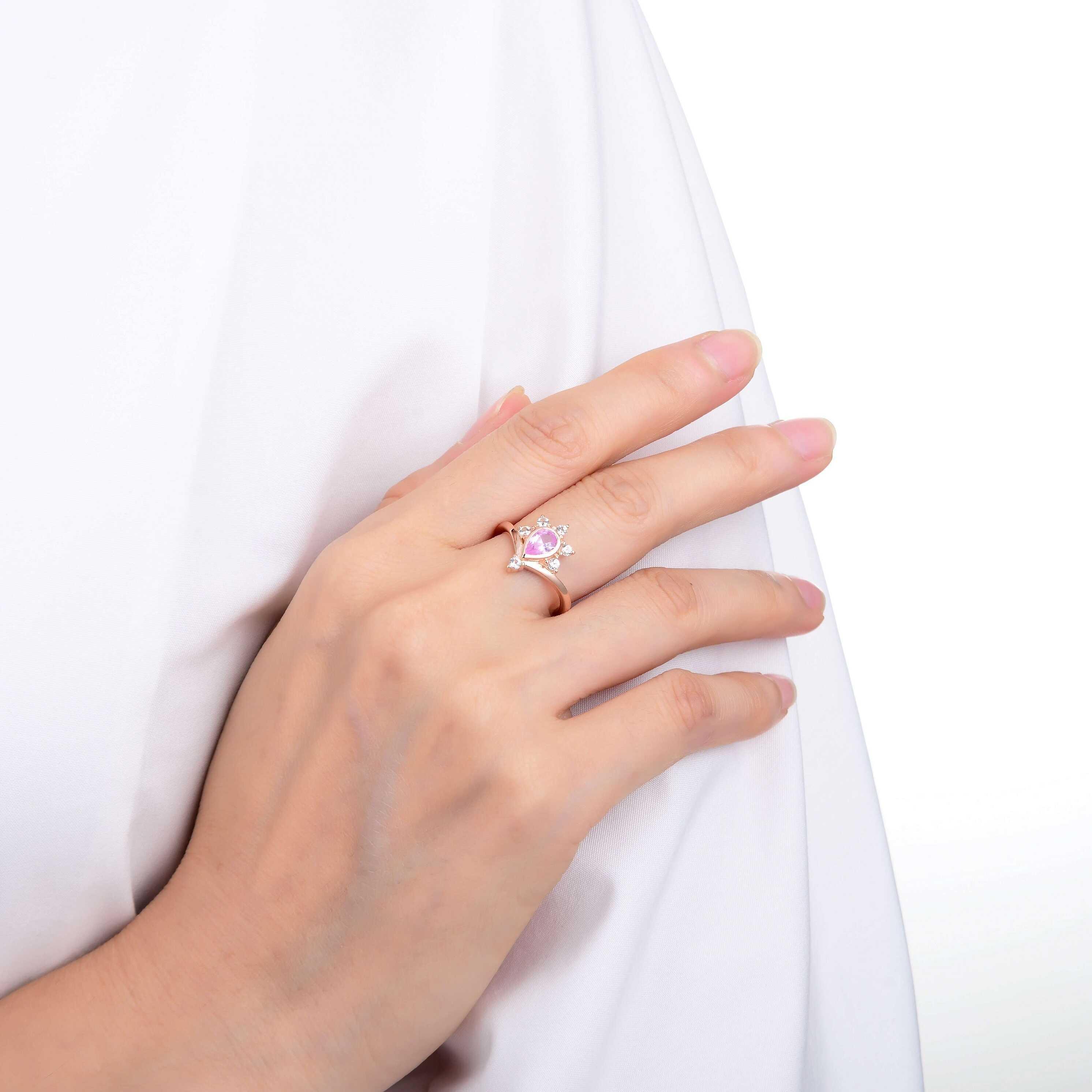 Regal Pear Shaped Pink Sapphire Ring in Yellow Gold Plated Sterling Silver