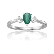 Load image into Gallery viewer, Emerald Three Stone Teardrop Ring, Pear shape three stone ring wih moissanite, Round and pear shape ring, natural emerald ring