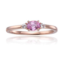Load image into Gallery viewer, Barbie Inspired Ring in dainty style with white sapphire accents and Pink Sapphire stone at the center Set in Rose Gold Plated Sterling Silve